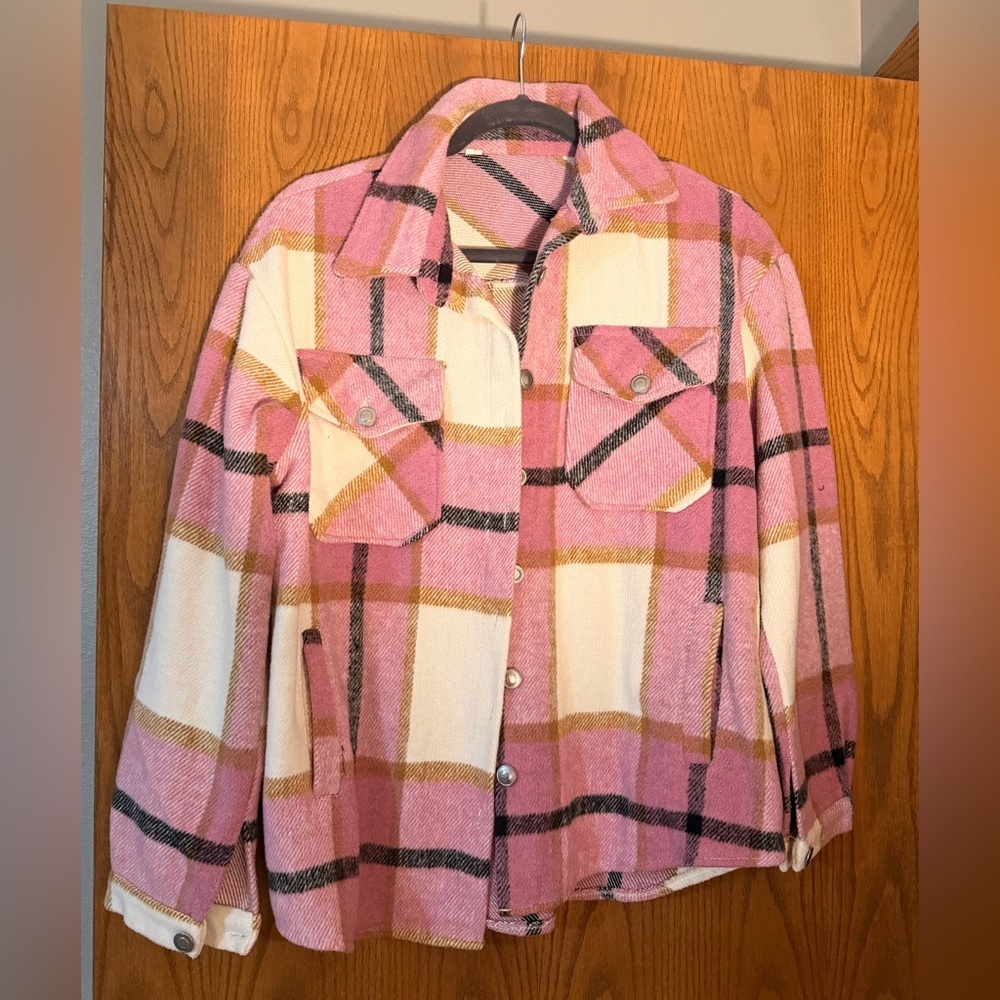 Amazon Pink Plaid Utility Shacket with Cream & Tan Accents